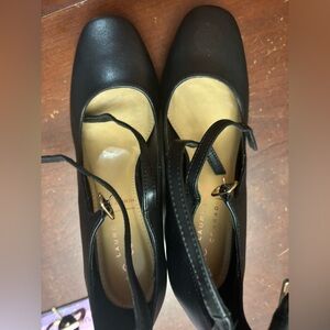 Lauren Conrad black faux leather Bnib size 7.5 Maryjane slip on 2” heel sandal